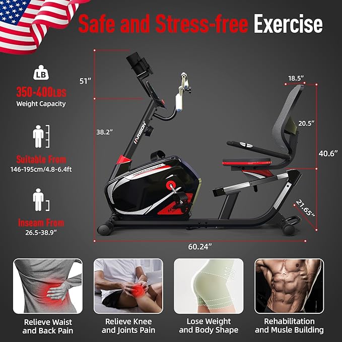 HARISON Exercise Bike 400 lbs Capacity, Easy Assembly Magnetic Recumbent bike for Adult and Seniors with Arm Exerciser , Recumbent Stationary bike for Home, 2 in 1 LCD Monitor and Tablet Holder (Same-day Shipping service）