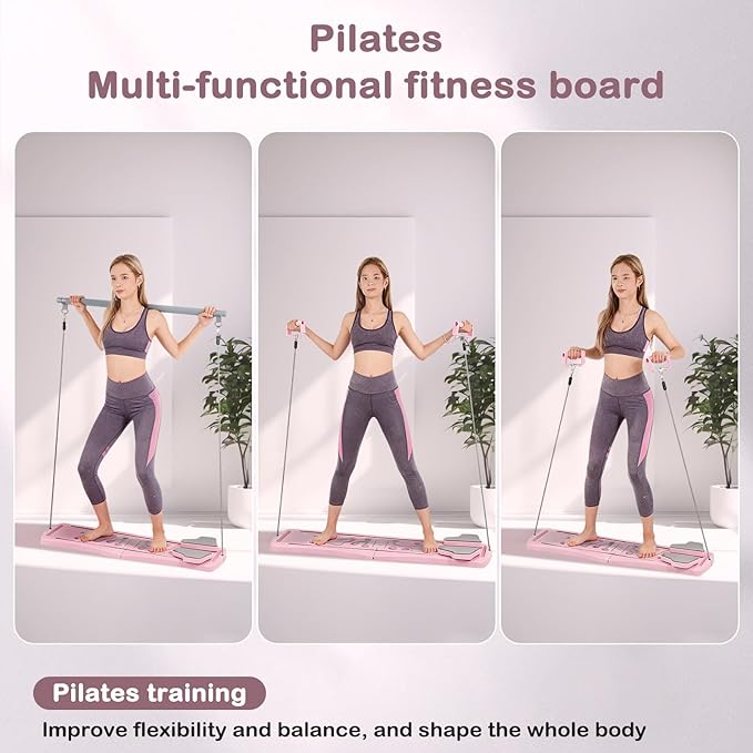 6-in-1 Foldable Pilates Board Reformer Kit, Portable Home Gym Equipment with Resistance Bands, Ab Board, Smart Timer & Phone Holder, Full Body Workout for Women