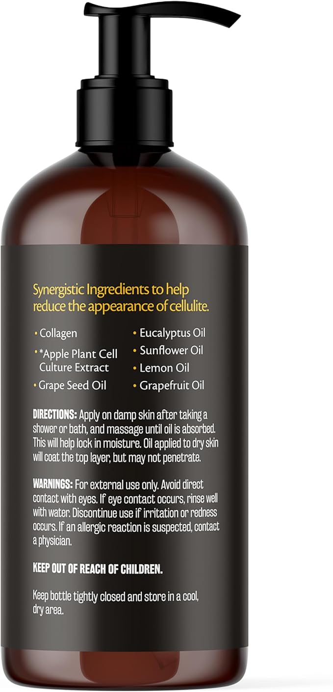 Anti Cellulite Massage Oil and Silicone Body Brush – Collagen and Stem Cell Skin Tightening Formula for Smoothing and Firming, 8 fl oz by M3