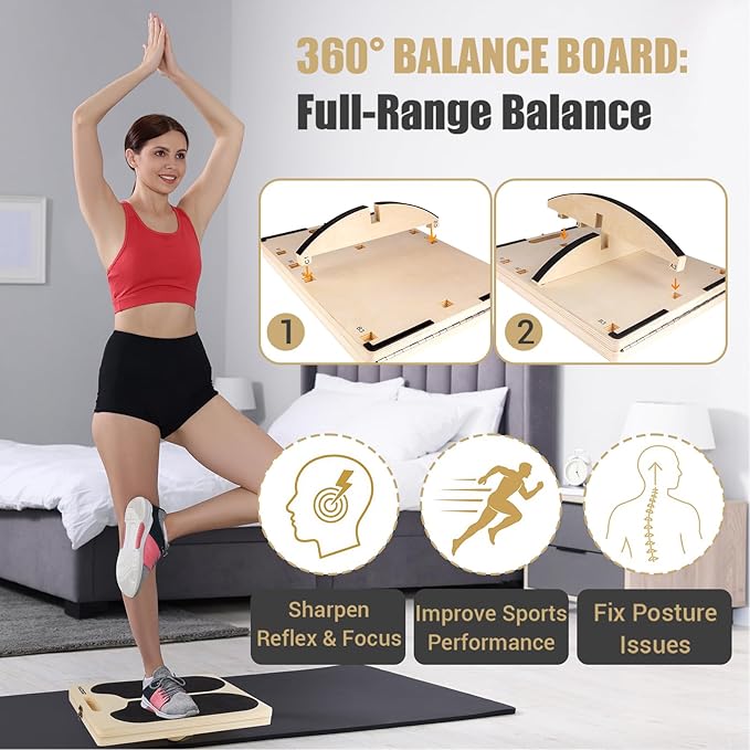 3-in-1 Slant Board & 180°/360° Balance Board, Portable 6 Angle Adjustable Calf Stretcher with Training Poster, Anti-Slip 300LBS Wobble Board for Physical Therapy, Standing Desk & Core Strength
