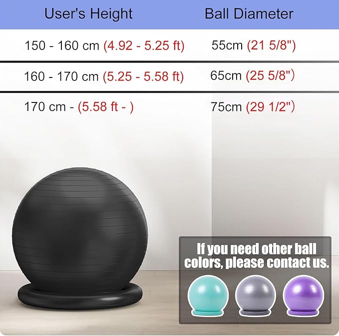 CMYUN Yoga Ball Chair Stability Ball Chair with Bands & Base, Sturdy Desk Ball Chair for Spine Alignment, Exercise Ball Seat for Yoga/Workout/Fitness/Pilates (Size : Diameter 55cm (21 5/8"))