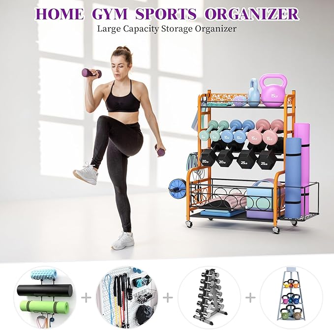 400LBS Dumbbell Rack, VOPEAK Adjustable Weight Rack for Home Gym, Home Gym Storage Rack for Yoga Mat Kettlebells and Strength Training Equipment, Weight Storage Rack for Dumbbells with Wheels