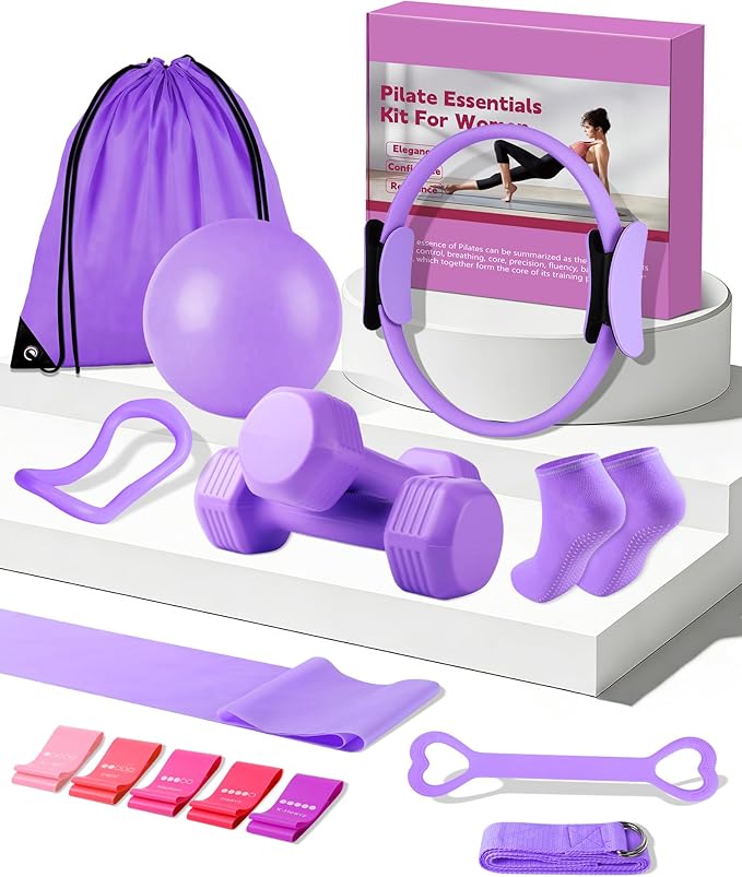 13/15Pcs Pilates Kit for Women, Pilates Equipment for Home Workouts with Magic Circle, Ball, Resistance Bands, Pilates Starter Set for Strength, Toning and Flexibility