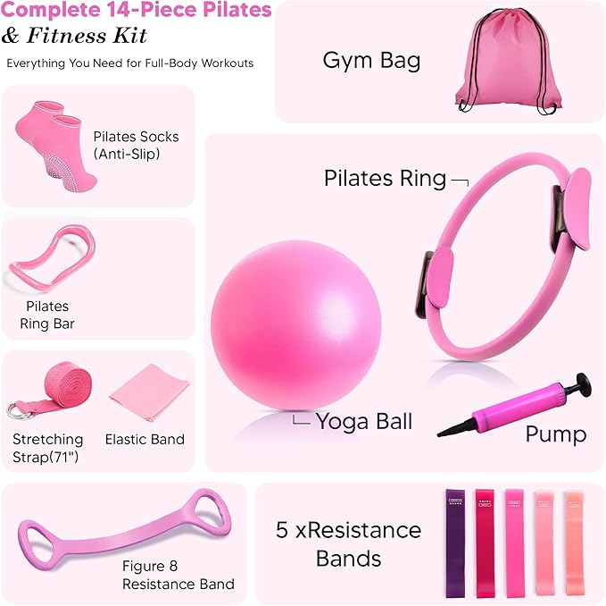Pilates Ball and Ring Set for Women - 14-Piece At Home Pilates Kit with 12-Inch Magic Circle, 5 Resistance Bands, Home Workout Equipment for Full Body Training (Pink)