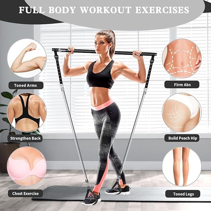 Pilates Bar Kit with Resistance Bands,Pilates Bar with Stackable Bands Workout Equipment for Legs,Hip,Waist and Arm,Exercise Fitness Equipment for Women & Men Home Gym Yoga Pilates