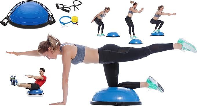 Half Ball Balance Trainer, Half Yoga Balance Board Exercise Ball for Full Body Workout, Stability Ball Platform, Core AB Training Strength Home Workout Fitness Physical Therapy, 2 Resistance Bands