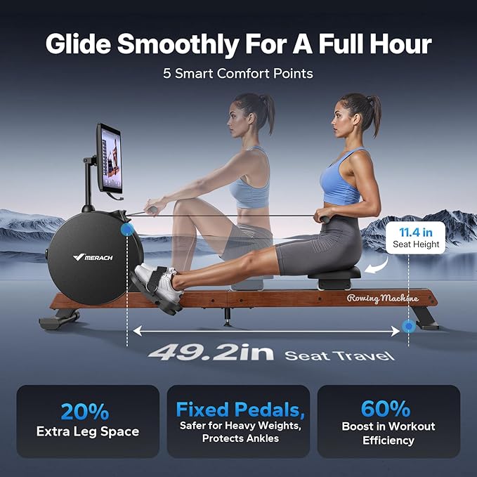 MERACH Pro-Grade Rowing Machines for Home, Smart Magnetic Rowing Machine with Self-Generation, Double Resistance and 400 LBS MAX Load, Wooden Tracks for Silent Sliding, MERACH App 1000+ Course & Games