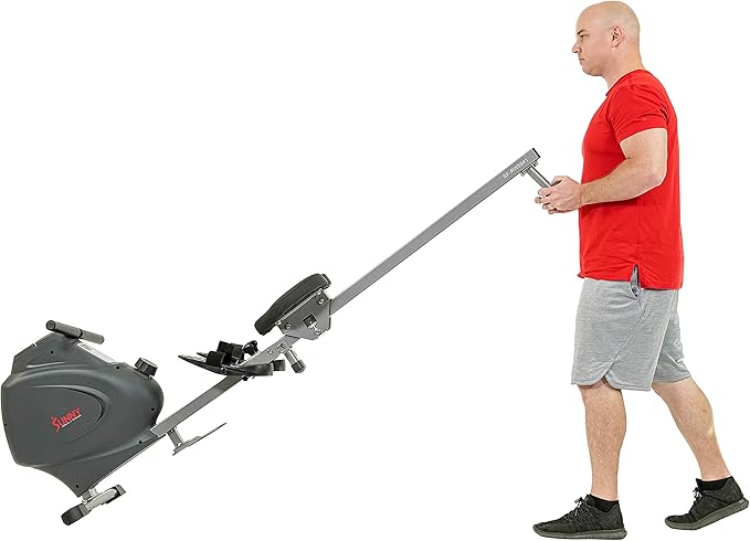 Sunny Health & Fitness Foldable Magnetic Rower, Long Rail & Extended Inseam Range for Home Cardio Workout, Free SunnyFit Training App, Optional Footplate for Standing Exercises