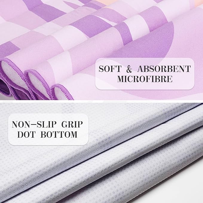 Yoga Mat Towel Cover with Large Corner Pockets, Non Slip Grip Microfiber Mat Cover Mat for Hot Yoga, Pilates and Gym Workout, 74" L x 26" W, Purple