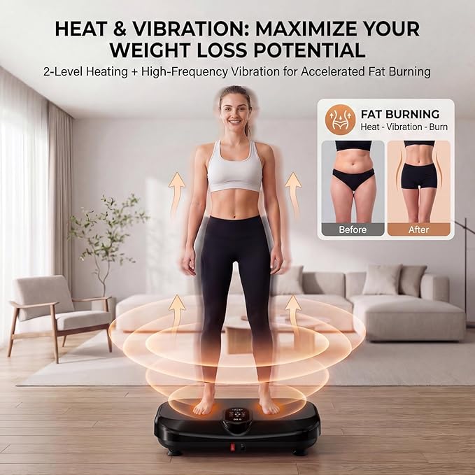 Vibration Plate Exercise Machine for Lymphatic Drainage & Weight Loss, Heated Vibrating Platform Full Body Workout Equipment, 440lb Capacity Home Gym Shaker Board with Bluetooth & Resistance Bands