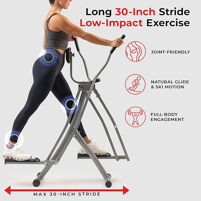 Sunny Health & Fitness Foldable Air Walk Elliptical, 30" inch Long Stride Full-Body Cardio Cross Trainer Glide Exercise for Home Office, SunnyFit App via Bluetooth with Optional Adjustable Resistance