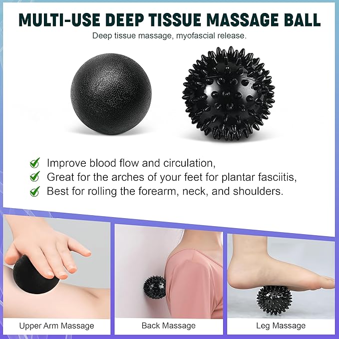 6 in 1 Foam Roller Set with High Density Massage Ball, Yoga Stick, Stretching Strap, Spiky Ball, Bag - Deep Tissue Trigger Point Massage Tool Workout Set - Back Stretcher Muscle Massager for Home