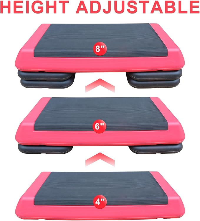 GOWE Adjustable Workout Aerobic Stepper in Fitness & Exercise Step Platform Trainer Red Black with 2 Risers