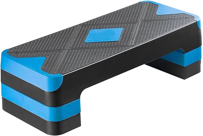 Aerobic Exercise Step Platform, 28-Inch Workout Aerobic Stepper, Height Adjustable Fitness Training Step Deck Trainer with 4 Risers, Non-Slip Surface Bench for Home Gym Cardio Strength, Blue