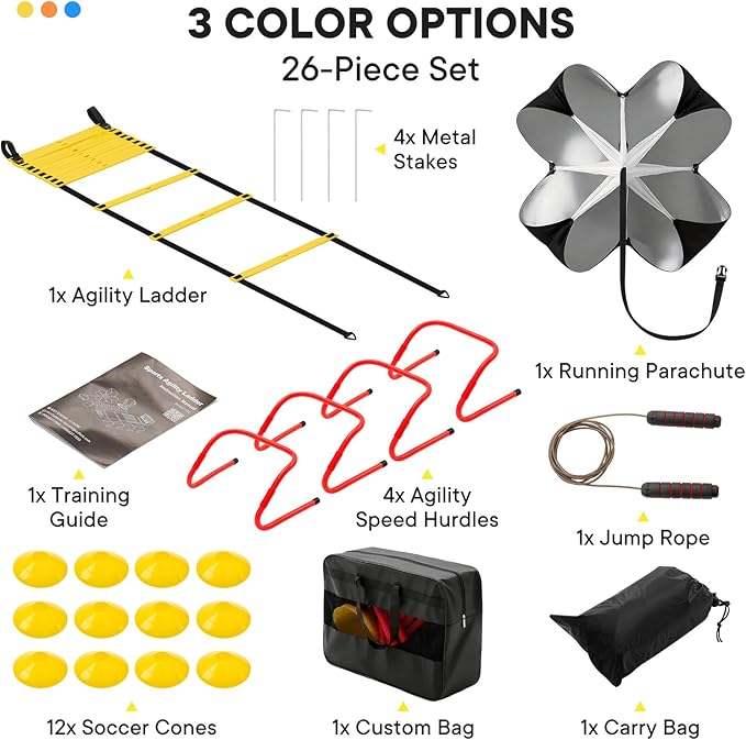 Agility Ladder Speed Training Equipment Set-20ft Ladder, 12 Cones, 4 Adjustable Hurdles, Jump Rope, Resistance Parachute| Basketball, Soccer, Football Practice Equipment for Youth, Adults