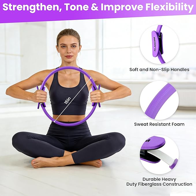 Pilates Ring Kit for Women and Men - 15 inch Magic Circle Exercise Ring and Ball Set for Home Workout Equipment - Dual Padded Handles Ring and Resistance Bands Set for All Fitness Lovers