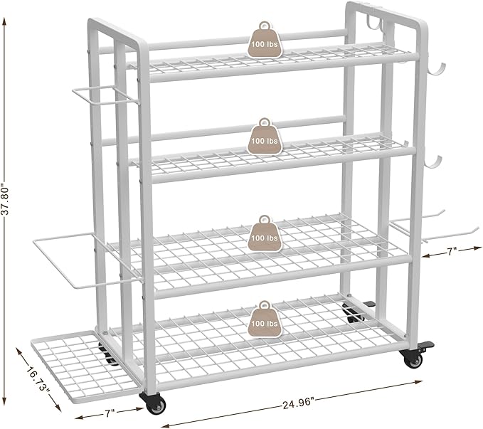 4-Tier Dumbbell Rack Stand Only, Adjustable Weight Rack for Dumbbells Kettlebells Yoga Mat, Home Gym Storage Rack with Wheels and Hooks, Powder Coated Finish