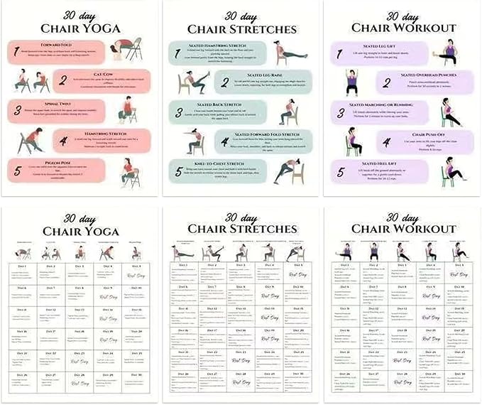 Chair Yoga 30-Day Set - 6 Pieces | Workout Supplies with Instruction Book for Beginners Home Travel Gym Office Morning Family Friends Sports Athletes Bodybuilding Fitness Strength