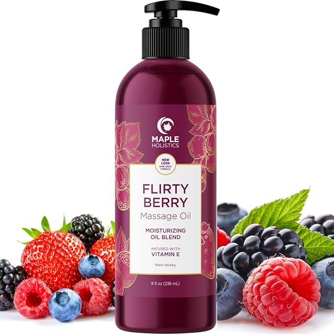 Luxurious Vanilla & Flirty Berry Massage Oil Set - Aromatherapy Full Body Massage Oil for Couples Bundle with Naturally Scented Vegan & Non GMO Ingredients (8 Fl Oz Each)
