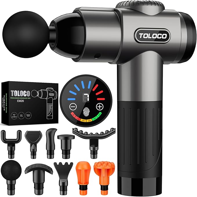 TOLOCO Massage Gun, Deep Tissue Back Massage for Athletes for Pain Relief, Percussion Massager with 10 Massages Heads & Silent Brushless Motor, Valentines Day Gifts for Him Her, Grey