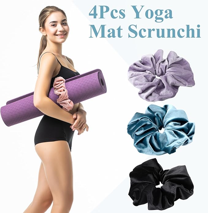 4 Pack Yoga Mat Scrunchie Elastic Strap Band - Durable & Stretchable Fabric - Fits All Standard Yoga Mats