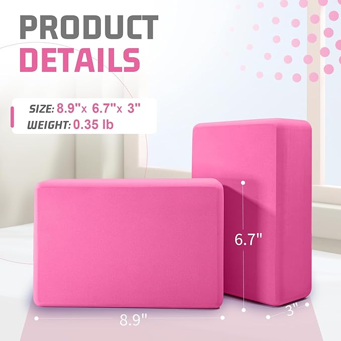 2 Pack 3"x6"x9" EVA Foam Yoga Block Supportive Latex-Free, Non-Slip Exercise Blocks for Pilates, Meditation, Balance, Stretching and Deep Poses