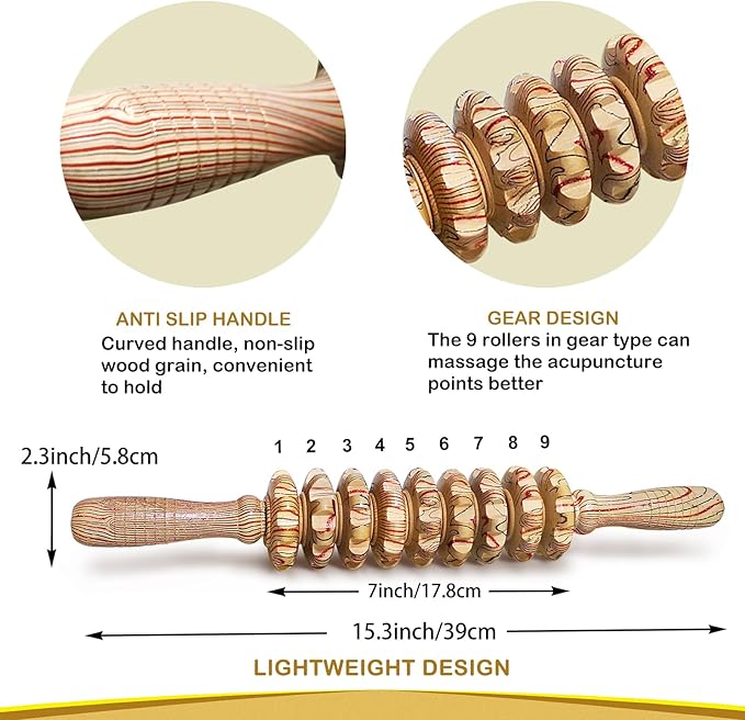 Wooden Massager Handheld Roller Trigger Point Massager Stick for Fascia, Cellulite, Muscle & Abdomen , Body Therapy Massager, Muscle Belly Relief Tool…