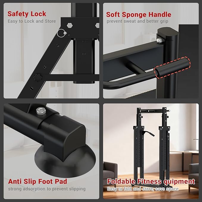 Folding Power Tower Dip Station Pull Up Bar, Multifunctional Pull Up Tower Adjustable Height, Triangular Structure Strength Training Workout Equipment for Home Gym Fitness