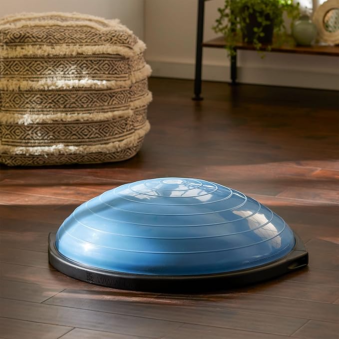 Bosu Balance Ball Exercise Trainer, Home Gym Equipment w/ Guided Workouts & Pump, 26", Blue - Inflatable Fitness Platform for Strength Training, Standing, Balancing, and Core Workout