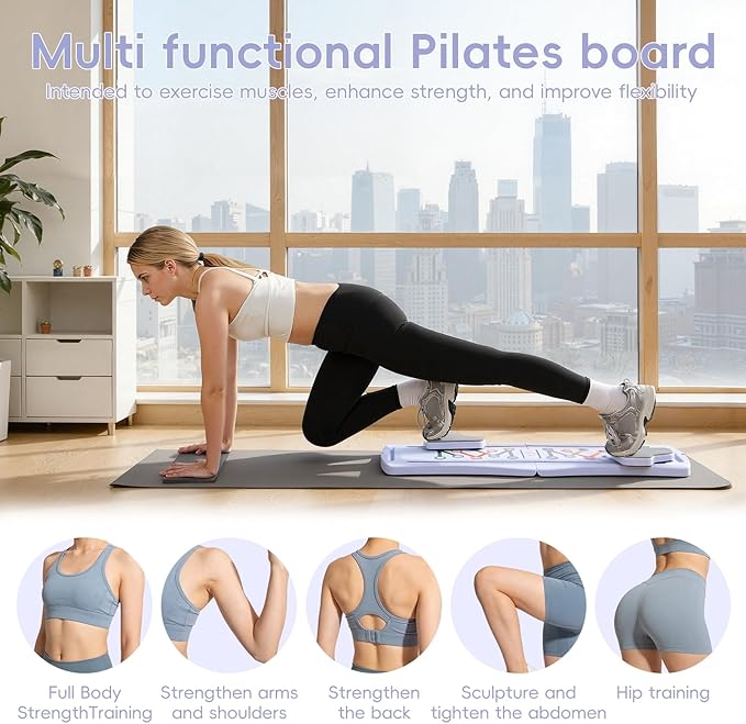 Pilates Board for Home Workout, Portable Pilates Reformer Set Multifunctional Ab Trainer with Resistance Bands Phone Support 300lbs Capacity Foldable for Women Full Body Workout