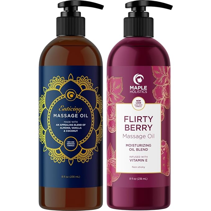 Luxurious Vanilla & Flirty Berry Massage Oil Set - Aromatherapy Full Body Massage Oil for Couples Bundle with Naturally Scented Vegan & Non GMO Ingredients (8 Fl Oz Each)