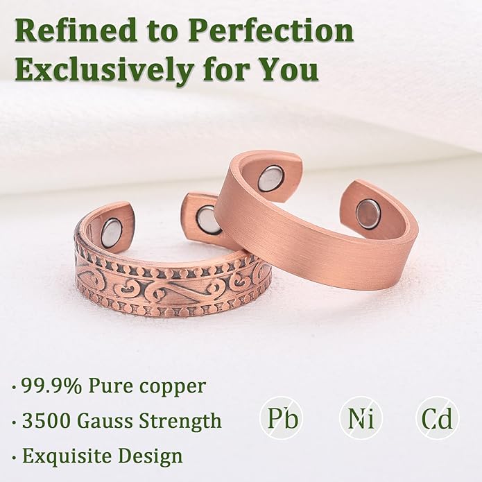 Magnetic Copper Rings Set for Women, Elegant Lymphatic Jewelry Gifts, Vintage Adjustable Vine Design