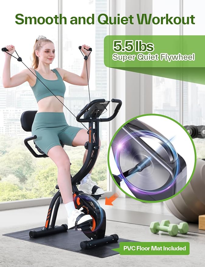 Sportneer Foldable Exercise Bike Stationary Bike, 4 in 1 Indoor Cycling Bike with 16 Level Magnetic Resistance Training Bike with Arm Resistance Band PVC Floor Mat Fitness Bike for Home Gym Workout