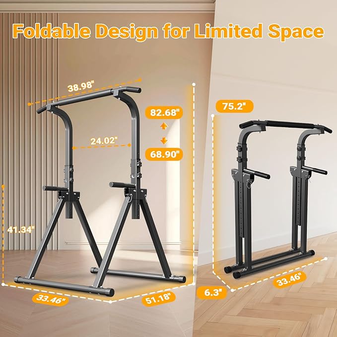 Foldable Pull Up Bar Free Standing Multi-function Power Tower Dip Bar with Assistance Bands Home Gym Strength Training Equipment