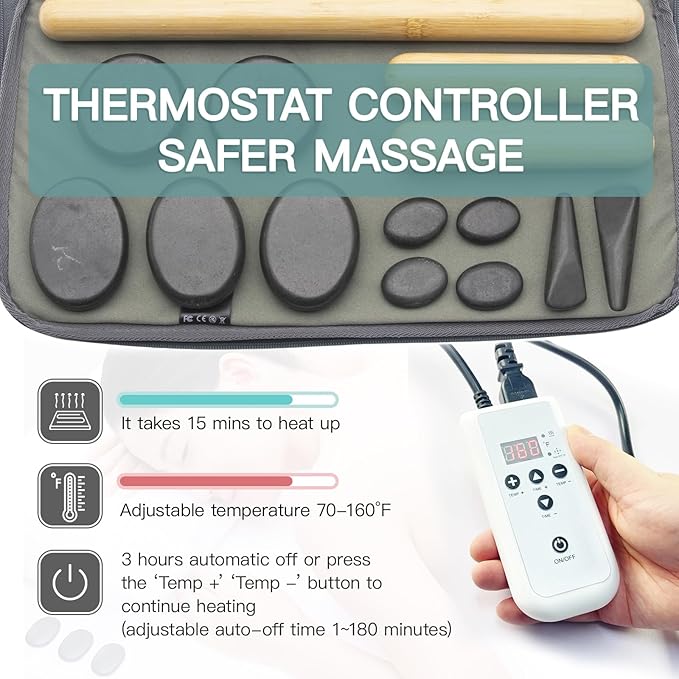 Massage Stones Set with Warmer Kit Hot Rocks Bamboo for Massage Hot Stones Massage Warmer Kit with Temperature Control and Carry Bag for Home Use (11 Stones and 3 Sticks) Suitable for Gifting