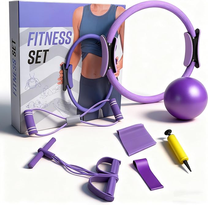 Home Pilates Kit for Women, Essentials Pilates Equipment Set- Pilates Ring, Figure Eight Supports, Mini Ball, Resistance Bands & Accessories for Beginners Workout at Home