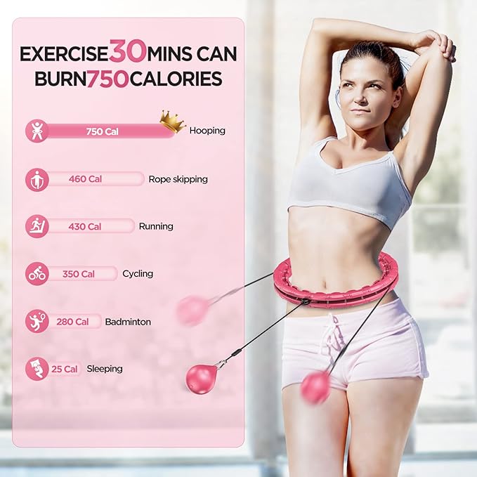 Weighted Exercise Hoop Plus Size, 32 Detachable Knots for Adults & Beginners, 2 in 1 Abdomen Fitness Massage Non Fall Smart Hooola Hoop with Auto Spinning Ball