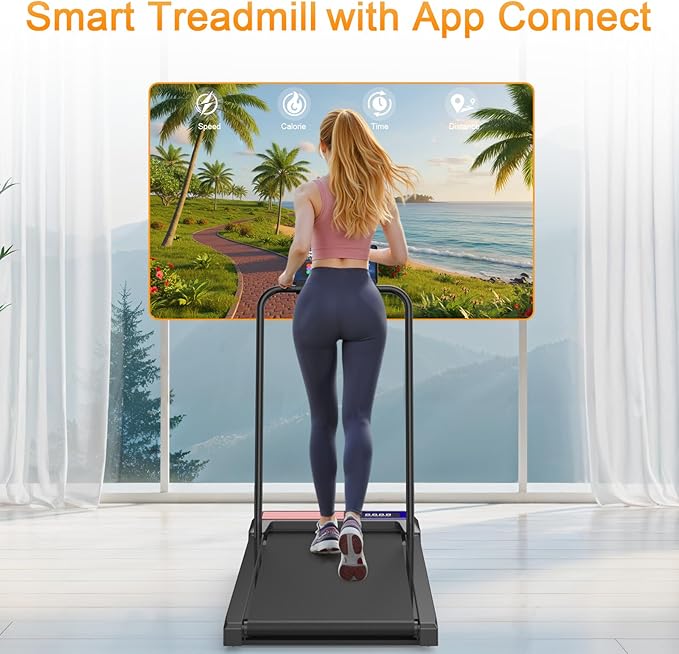 Treadmills for Home Small with 0%-8% Incline and APP Sync, Compact Under Desk Walking Treadmill Pad with Handle Bar Removable, Remote Control and LED Display, 2.5HP