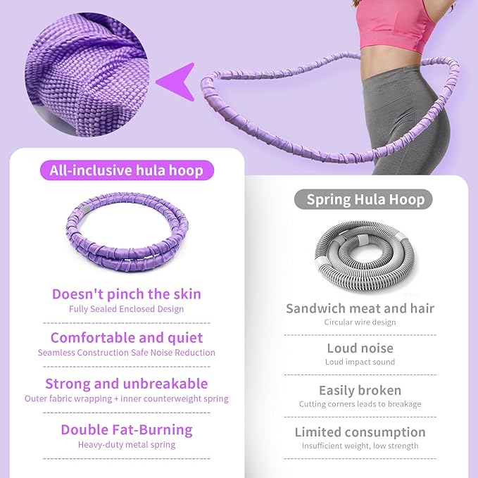 2 lbs Weighted Soft Velvet Hula Hoop Women, Spring Exercise Fitness Hoop Weight Loss Adults Collapsible Portable, No Bruising, for Core Strengt, Waist Toning&Fat Burning, Home Travel Workouts (Purple)