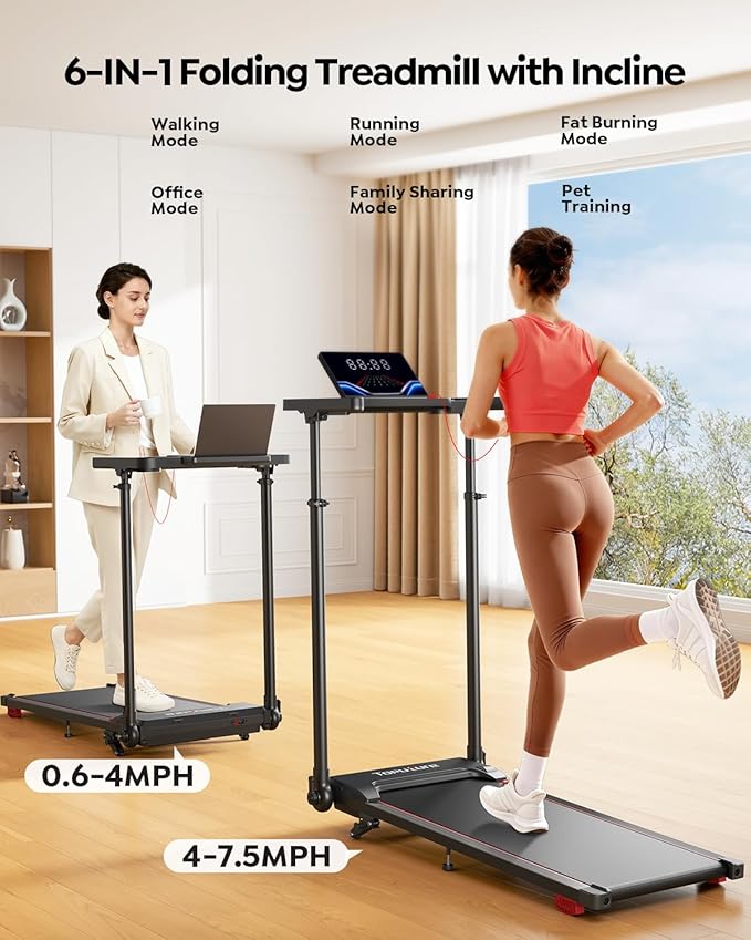 Walking Pad Treadmill with Incline 10%, Foldable Treadmill with Adjustable Handle Bar for Home, Portable Walking Pad with Desk Treadmills with App, Remote Control & LED Display