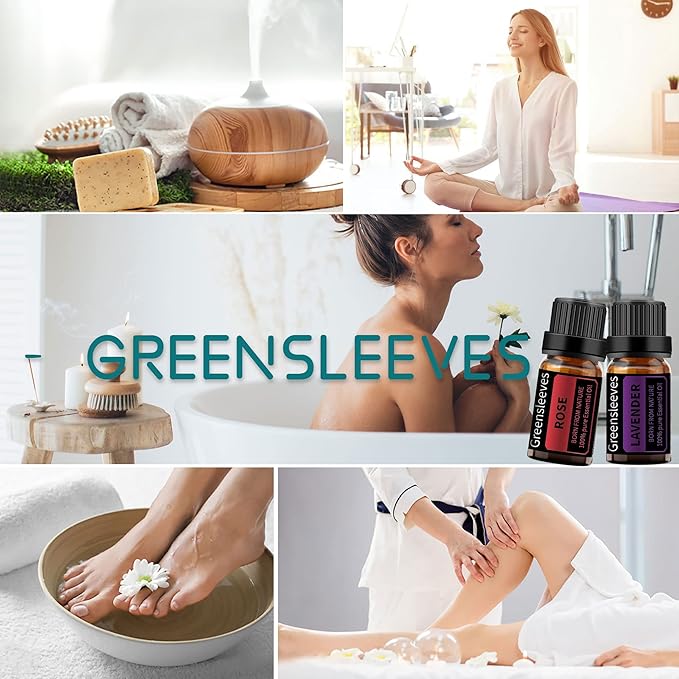GREENSLEEVES Rose Lavender Essential Oil Set, 2 x 10ml Pure Plant-Based Fragrance Oil for Aromatherapy, Essential Oils for Diffuser, Massage, Bath Bomb, Scented Candle Soap Making