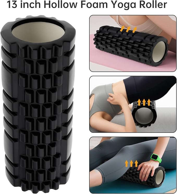 High Density EVA Foam Roller for Physical Therapy, Yoga & Pilates - Muscle Recovery, Deep Tissue Massage, Myofascial Release with Portable Mesh Bag（Black）