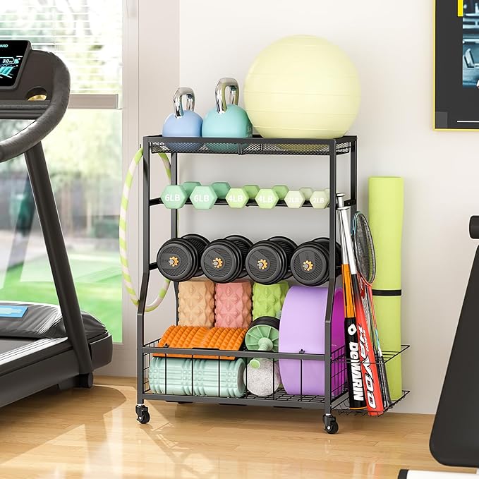 Home Gym Storage Rack, Dumbbell Rack with Yoga Mat Storage, Weight Rack Stand with Lockable Wheels and Hooks, Home Workout Equipment Organizer for Yoga, Dumbbell, Kettlebells, Ball Storage