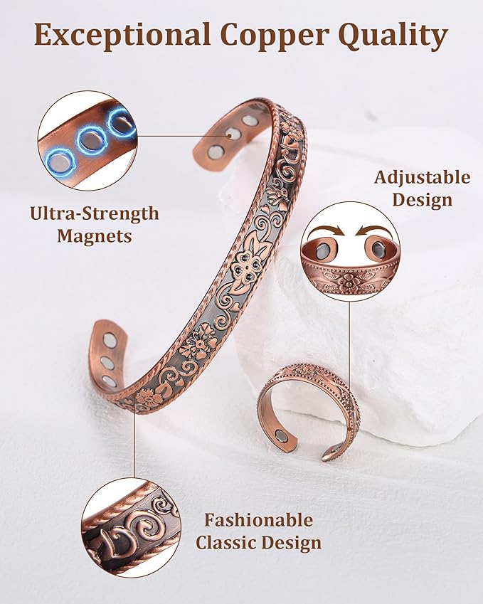 BioMag 99.99% Pure Copper Bracelet&Ring for Men and Women, Adjustable Magnetic Bracelet & Ring with Built-in Strong Magnets, Elegant Vintage Flower Design, Jewelry Christmas Gift