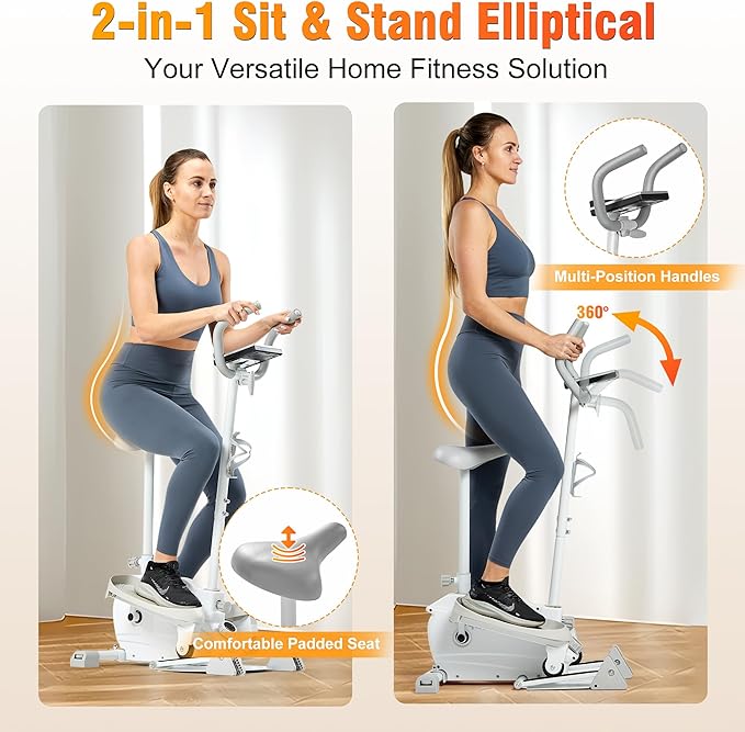Ksports Mini Elliptical with Optional Handles & Seat, 3 Levels Manual Incline, Quiet Infinite Adjustable Magnetic Resistance, and LED Display – Joint-Friendly and Versatile Design