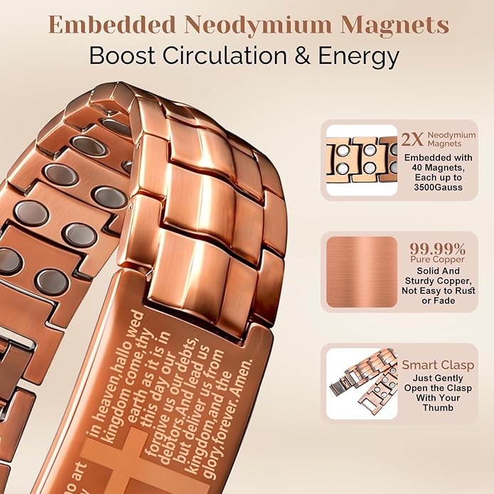 JEROOT Men's 99.99% Pure Copper Magnetic Bracelet, 3500 Gauss Magnets Adjustable with Sizing Tool