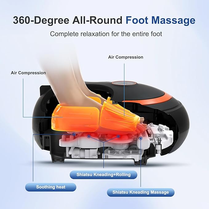 Shiatsu Foot Massager, Electric Feet Massage Machine, Deep Kneading Relief for Plantar Fasciitis, Air Compression, 3 Heat Levels, Relax for Home Office Use, for Women Mom Dad Black
