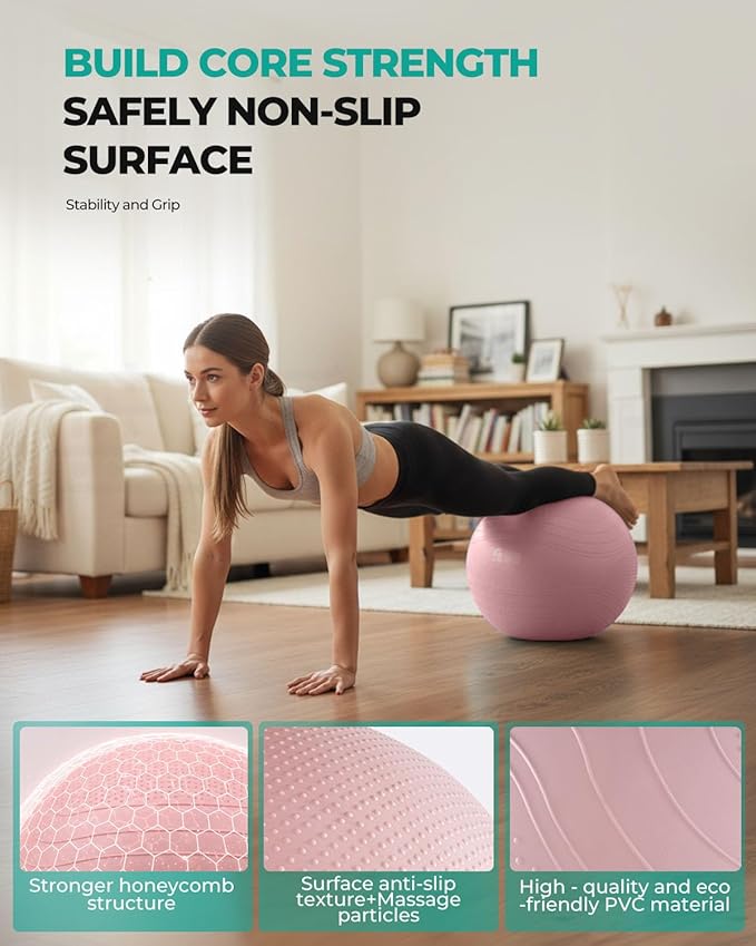 Gruper Yoga Ball, Extra Thick Exercise Ball for Workout Pregnancy Stability - 4 Sizes Anti Burst Balance Ball for Yoga, Pilates, Fitness, Birthing, Physical Therapy - Includes Pump