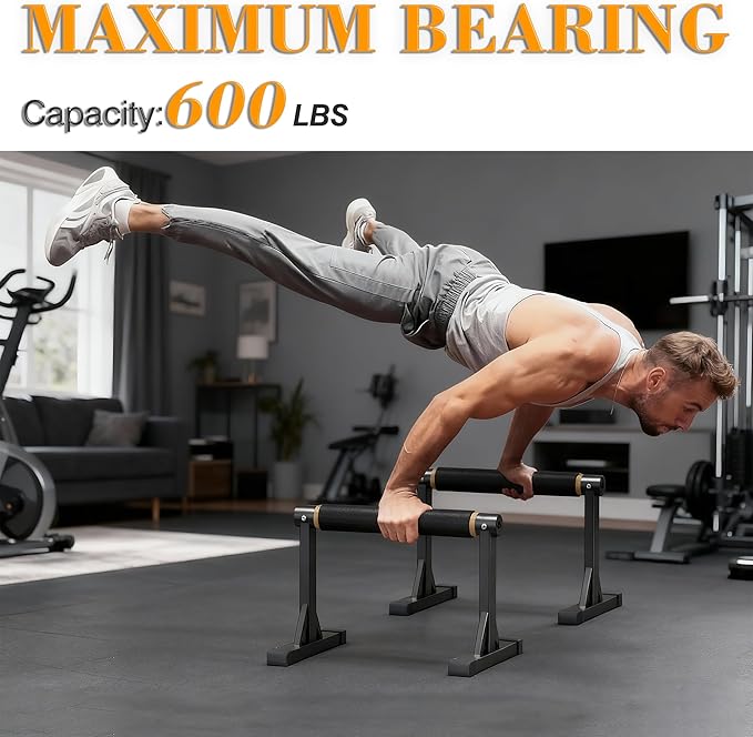 12" Wooden Parallel Bar and Dip Bar with Non-Slip Handles, Rock-Free Fitness Equipment for Handstands, L-Sits, Gymnastics and Strength Training for Home Gym, 600lbs Capacity