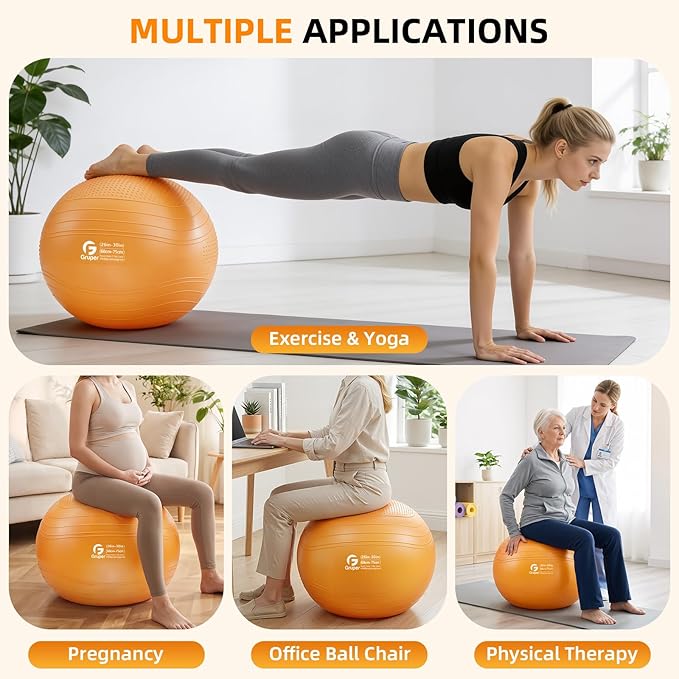 Gruper Yoga Ball, Extra Thick Non Slip Exercise Ball for Workout, Birthing, Balance, Stability, Pregnancy, 4 Sizes Anti Burst Chair for Home and Office, Includes Quick Pump & Fitness Guide